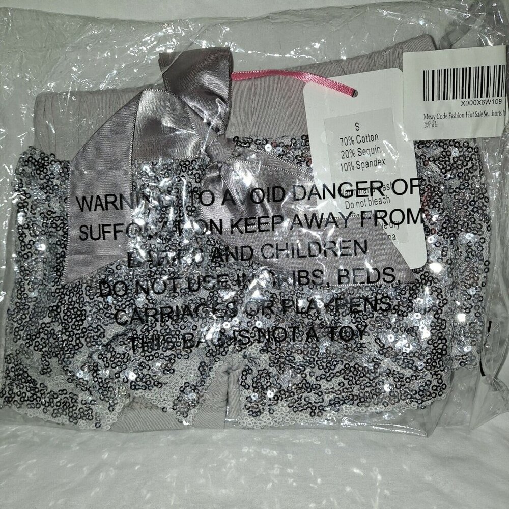 New BABY BLOOMERS Silver Sequin Bow diaper cover Small Med 6-12 month Pant Short
